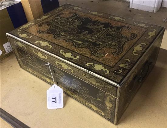 A Chinese export lacquer sewing box and ivory accessories, mid 19th century, width 34.5cm